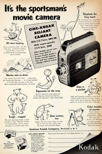 1953 Ad Kodak Cine Reliant Movie Camera Eastman Rochester Cartoon Animal PSC2