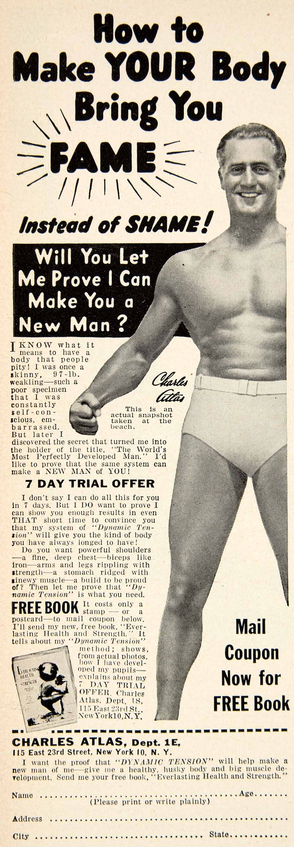 1949 Ad Charles Atlas Self Improvement 115 East 23rd Street New York Body PSC2