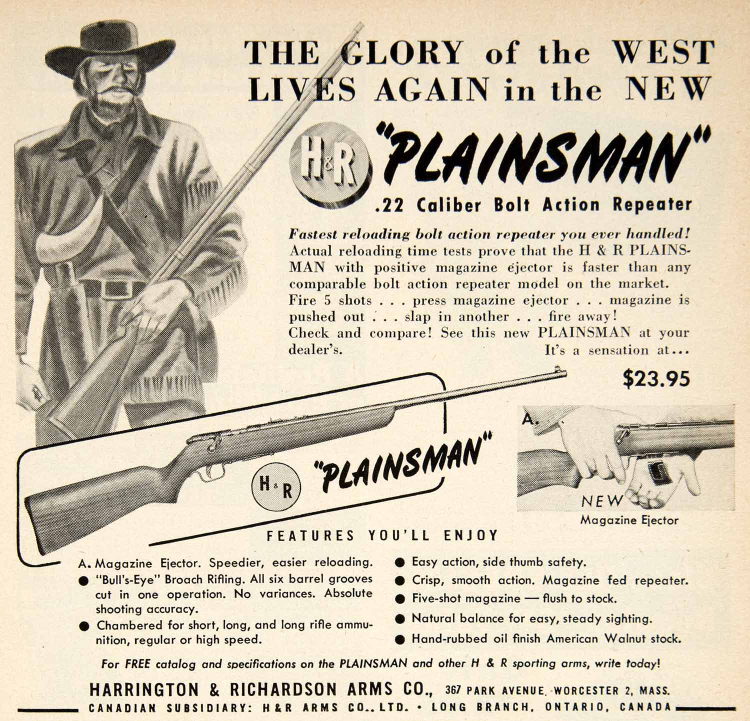 1949 Ad Plainsman Harrington Richardson Arms .22 Caliber Bolt Action PSC2