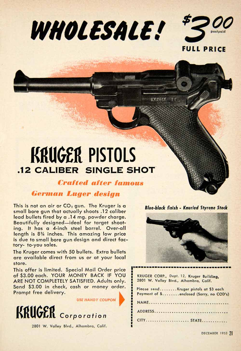 1953 Ad Kruger .12 Caliber Single Shot Pistol Gun Firearm Knurled Styrene PSC3
