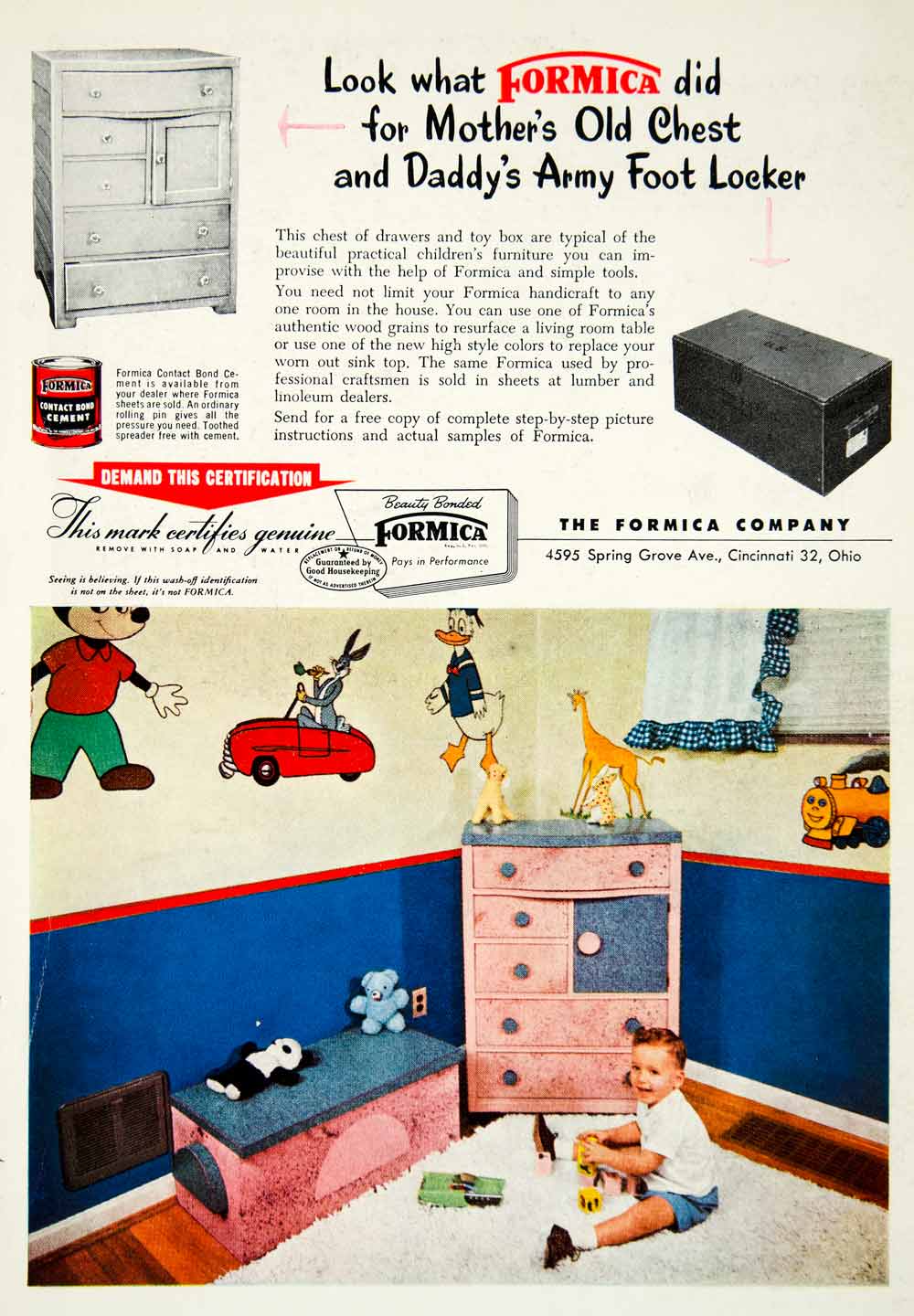 1955 Ad Formica Contact Bond Cement Construction Furniture Children PSC3