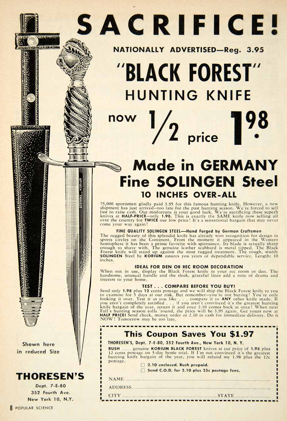 1955 Ad Black Forest Hunting Knife Solingen Steel Thoresens 352 Fourth Ave PSC3
