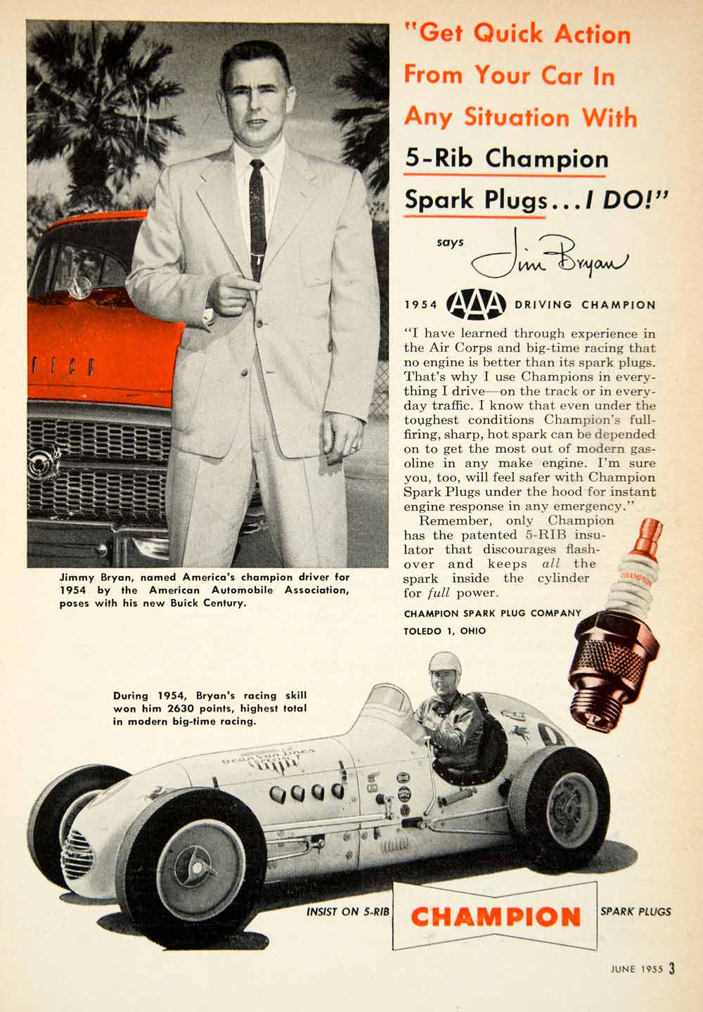 1955 Ad Champion 5-Rib Spark Plugs Jim Bryan Race Car Driver Automobile PSC3