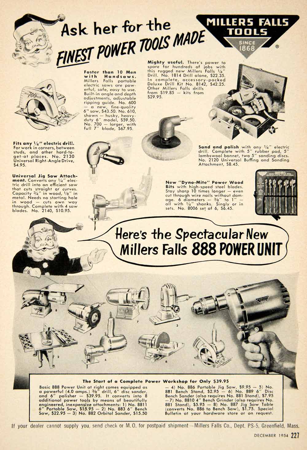 1954 Ad Miller Falls Tools 888 Power Unit Drill Disc Sander Polisher Bench PSC3
