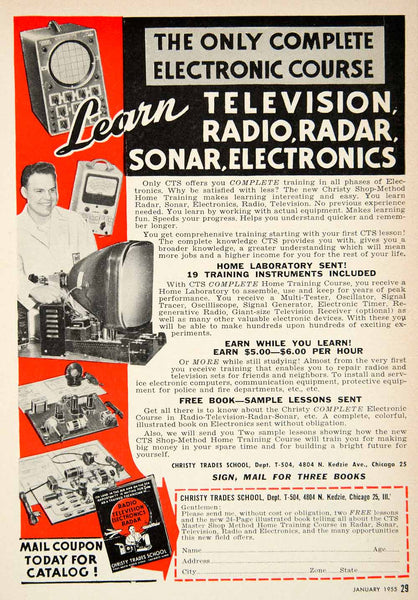 1955 Ad Christy Trades School TV Radio Radar Sonar 4804 N Kedzie Chica –  Period Paper Historic Art LLC