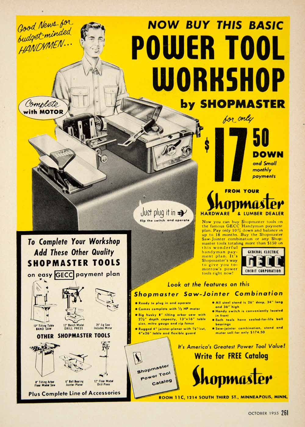 1955 Ad Shopmaster Power Tool Workshop GECC Handyman Hardware Saw Jointer PSC3