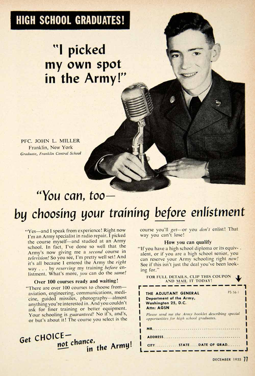 1955 Ad US Army Recruitment PFC John L Miller Military School Soldier PSC3