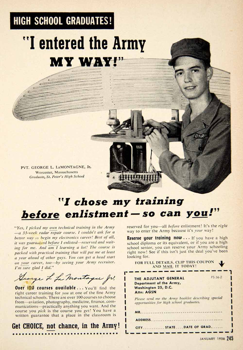 1956 Ad US Army Recruitment Pvt George L LaMontagne Jr Military School PSC3