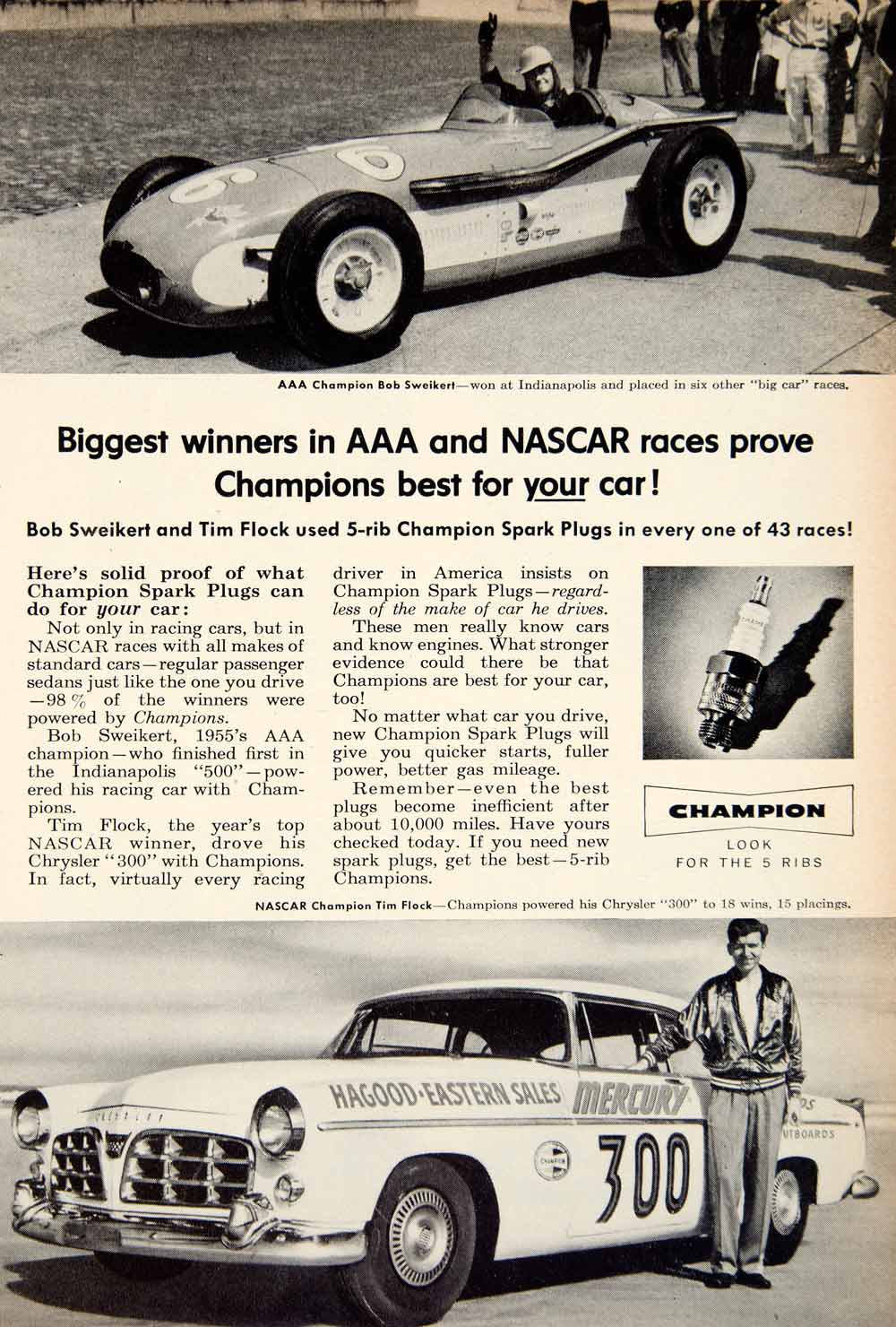 1956 Ad Champion 5-Rib Spark Plugs AAA NASCAR Race Car Bob Sweikert Tim PSC3