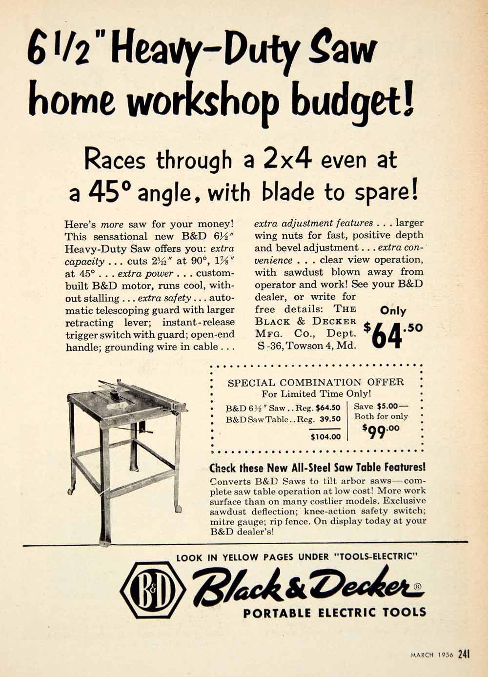 1956 Ad Black & Decker Heavy-Duty Saw Table Power Tools Hardware PSC3