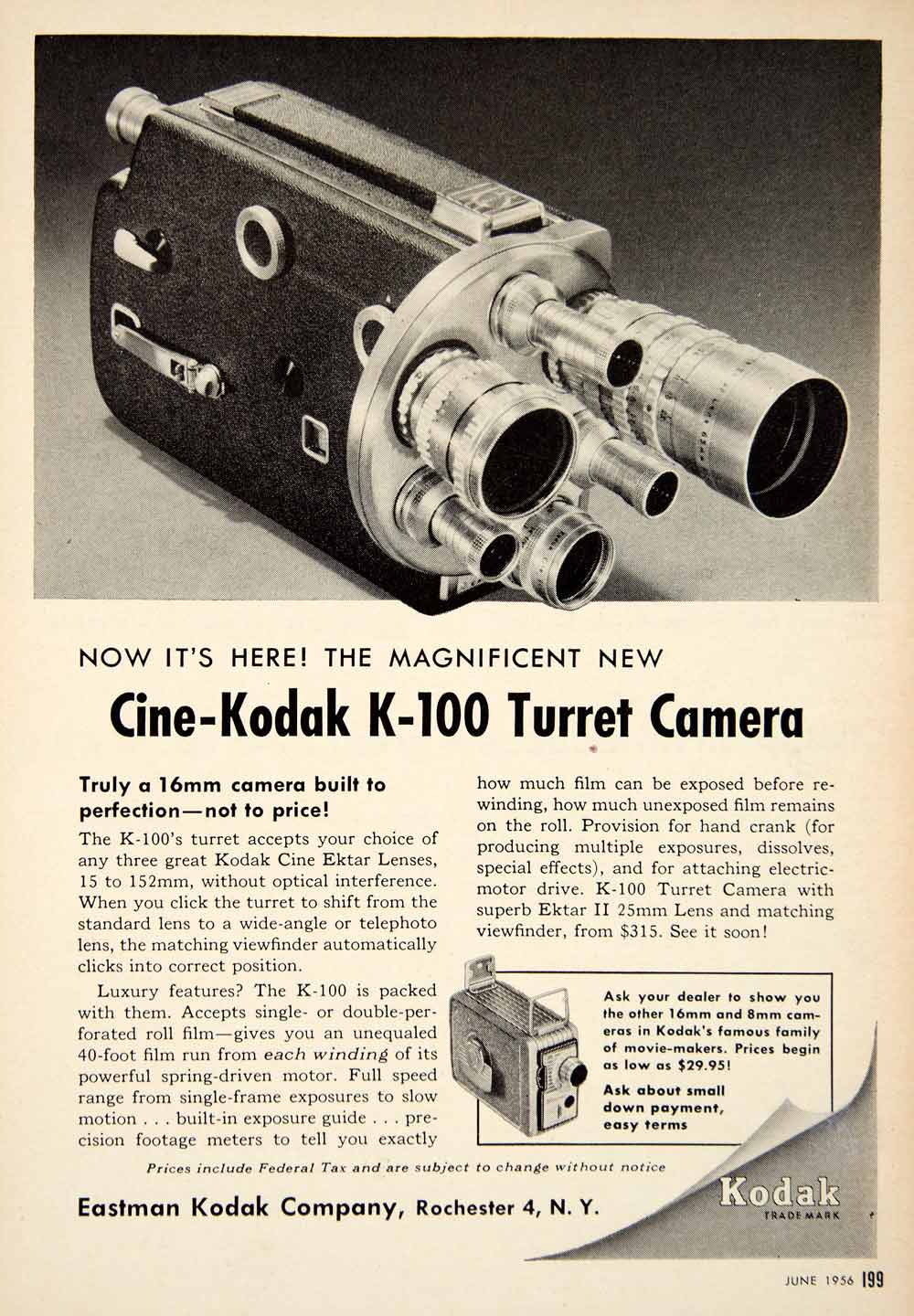1956 Ad Eastman Kodak Cine K-100 Turret Video Film Camera Photography Ektar PSC3