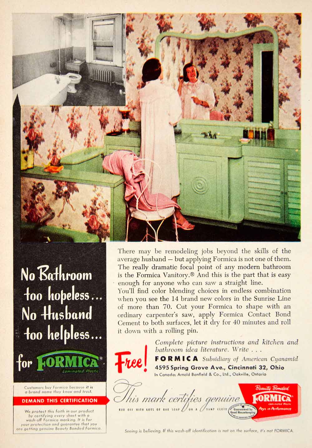 1956 Ad Formica Household Laminate Bathroom 4595 Spring Grove Ave Chicago PSC3