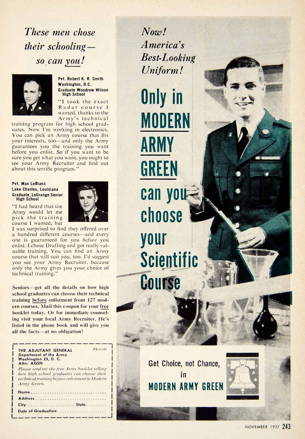 1957 Ad US Army Recruitment Enlistment Pvt Max LeBlanc Military Science PSC3