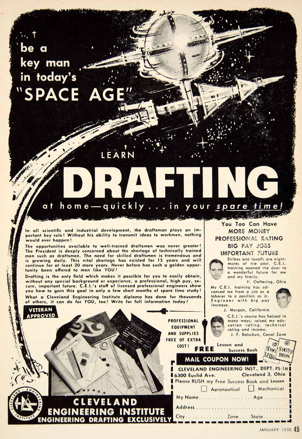 1958 Ad Cleveland Engineering Institute Space Age Drafting College PSC3