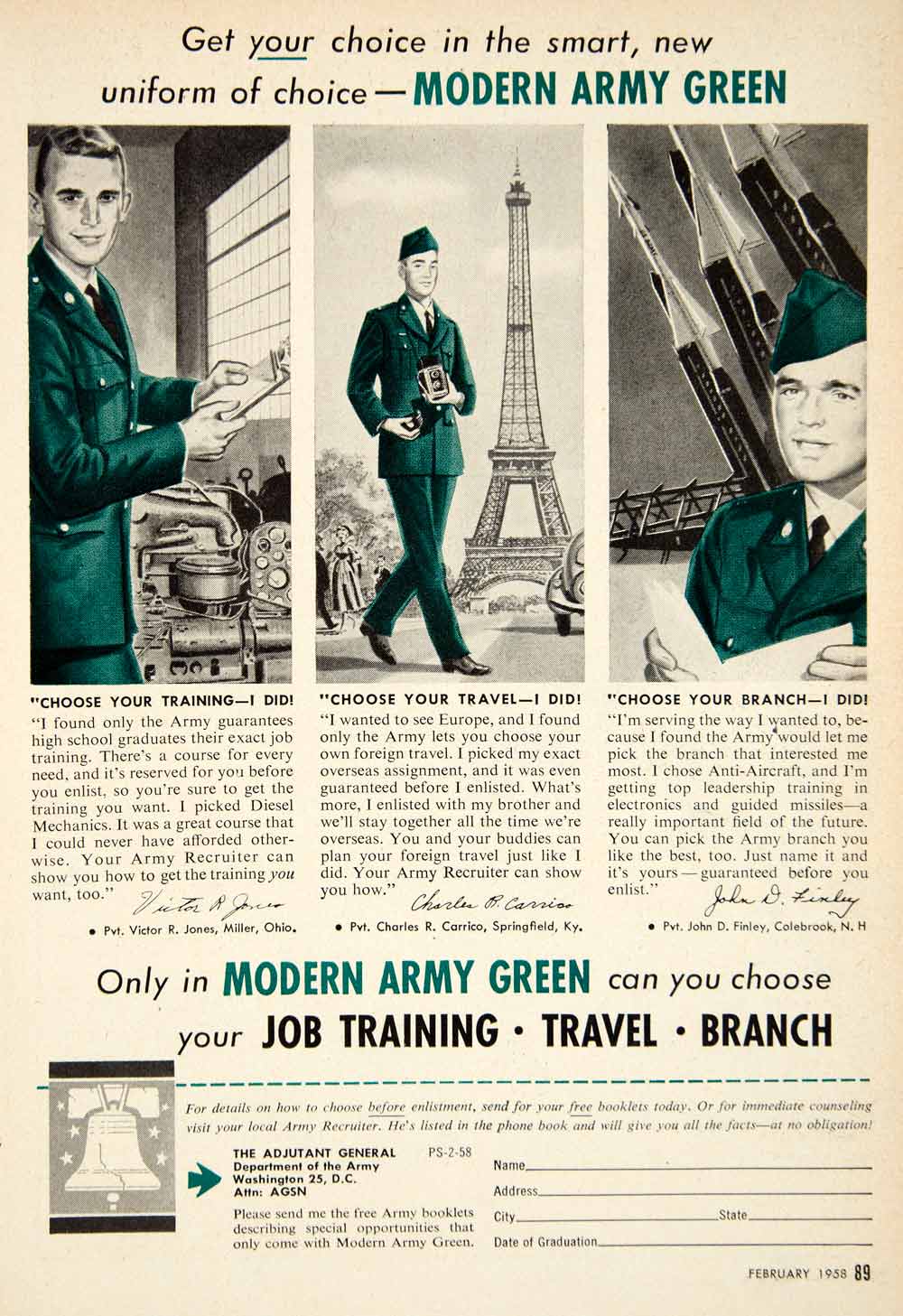 1958 Ad US Army Modern Green Military Recruitment Enlistment Victor R Jones PSC3