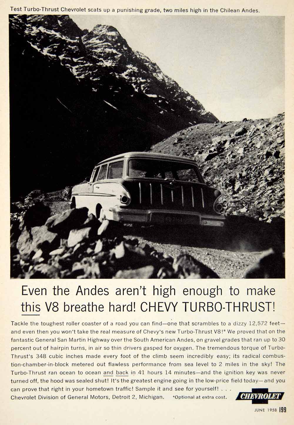 1958 Ad Chevrolet Turbo Thrust V8 Engine General Motors San Martin Highway PSC3