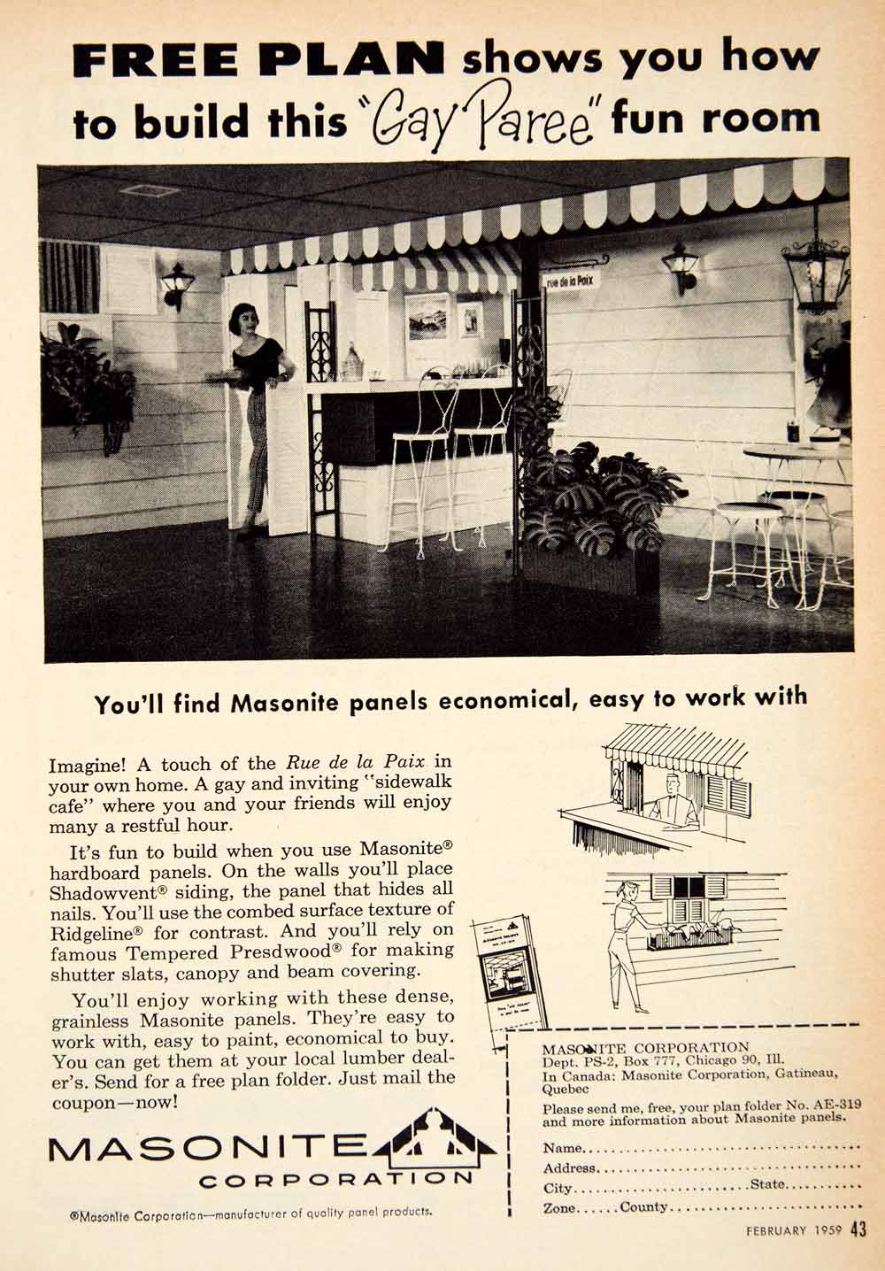 1959 Ad Masonite Wood Panel Shadowvent Ridgeline Presdwood Construction PSC3