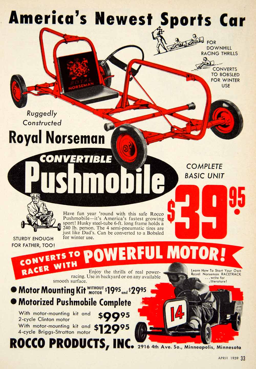 1959 Ad Royal Norseman Convertible Pushmobile Go Kart Racer Rocco PSC3