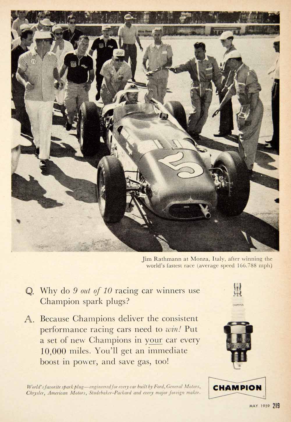 1959 Ad Champion Spark Plug Jim Rathmann Race Car Driver Automobile Parts PSC3