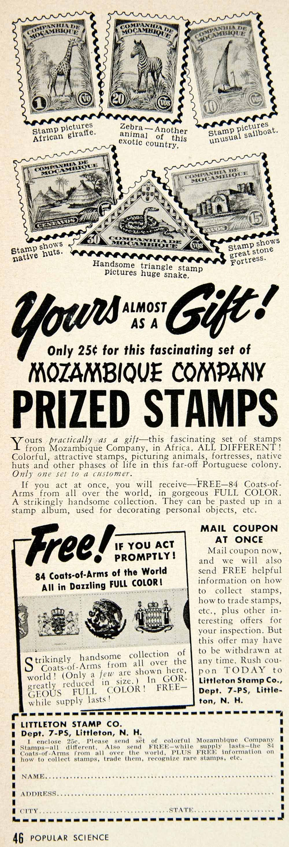 1953 Ad Littleton Postage Stamp Mozambique Africa Giraffe Zebra Snake PSC3