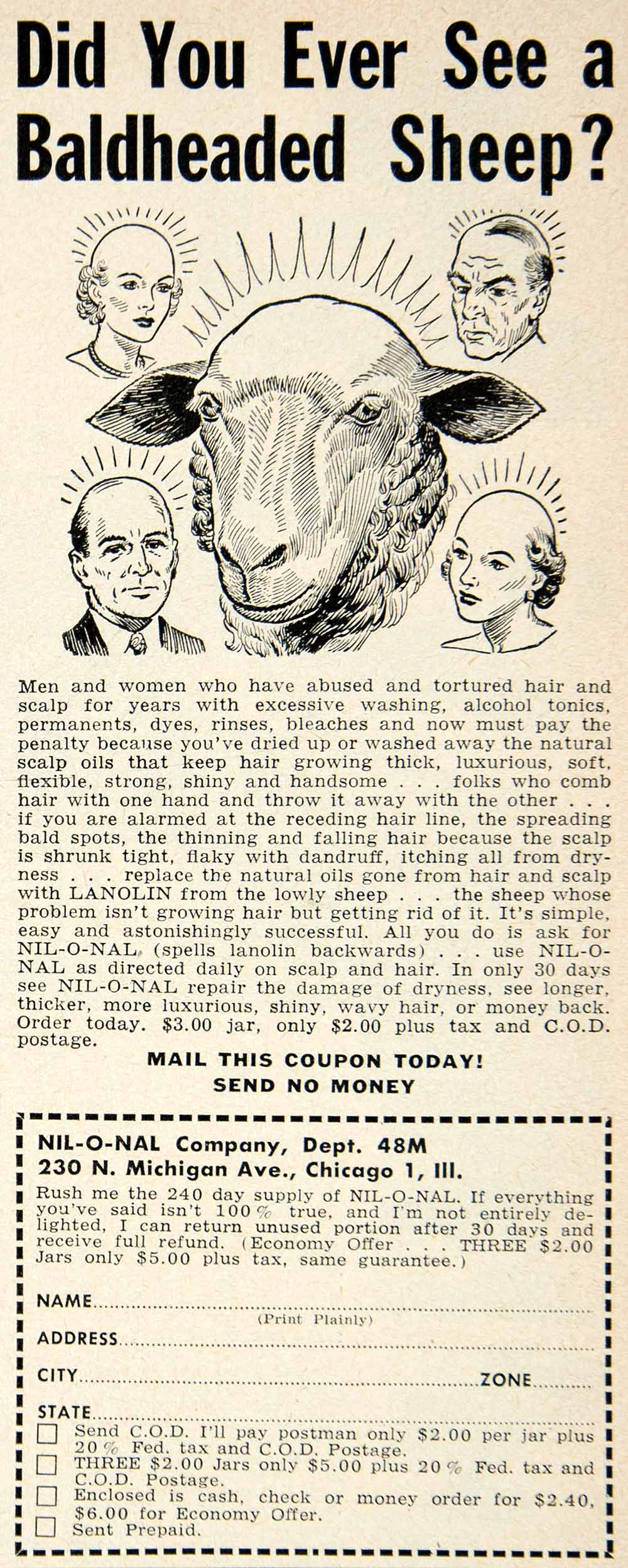 1953 Ad Nil-O-Nal Lanolin Hair Care Tonic 230 N Michigan Ave Chicago IL PSC3
