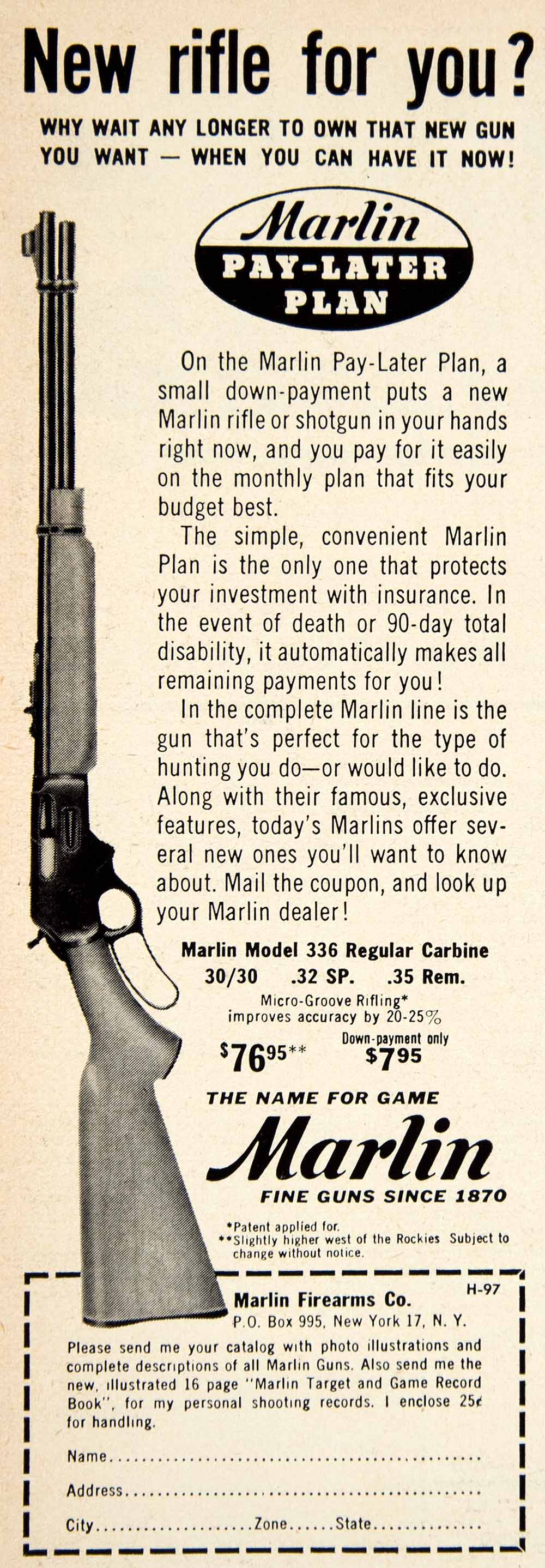1957 Ad Marlin Model 336 .30/30 Carbine Rifle Gun Hunting Sportsman Firearm PSC3