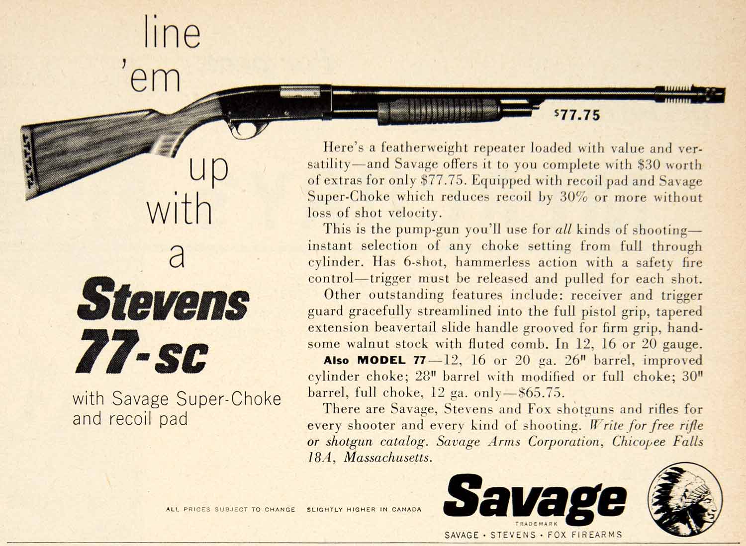 1957 Ad Savage Stevens Model 77-SC Super Choke Shotgun Hunting Firearm PSC3