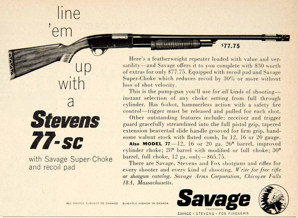 1954 Print Ad of Stevens Model 820-SC Super-Choke Pump Action Shotgun