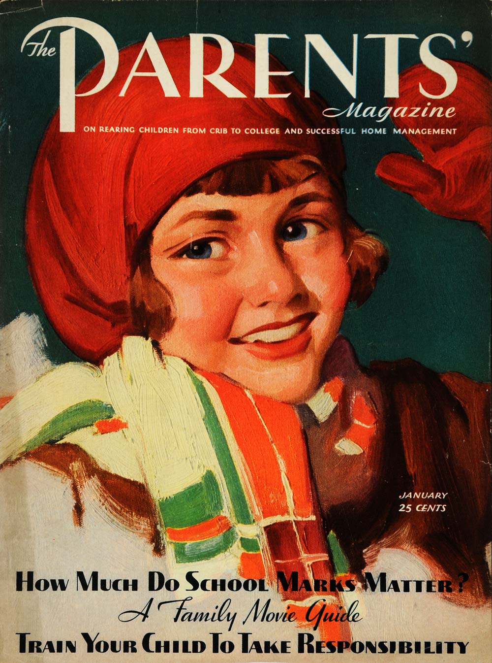 1933 Cover Parents Magazine Frank Bensing Girl Red Hat - ORIGINAL PTS1