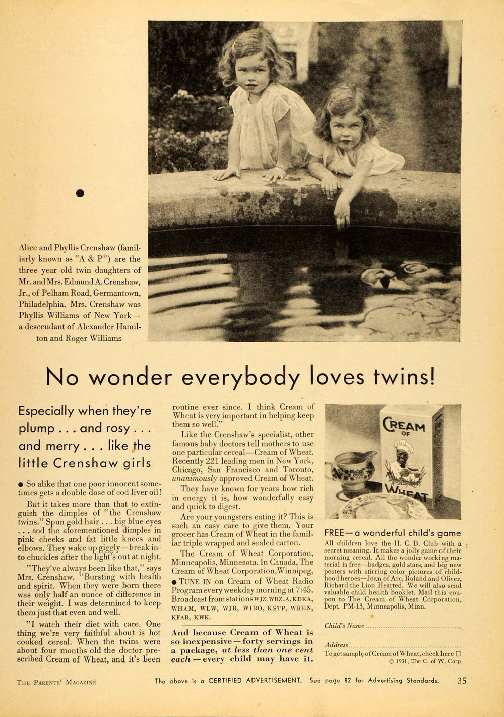 1931 Ad Cream of Wheat Alice Phyllis Crenshaw Twins - ORIGINAL ADVERTISING PTS1
