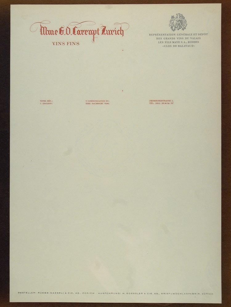1947 Sample Letterhead Paper Carrupt Vins Fins Zurich - ORIGINAL PUB1