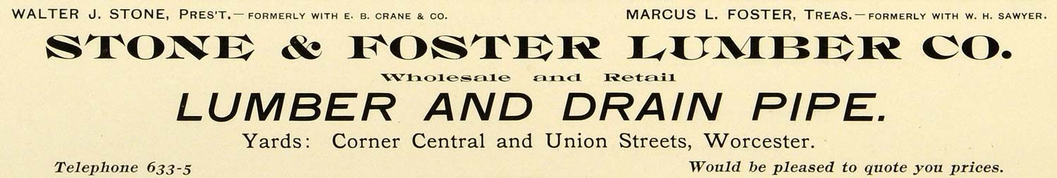 1898 Ad Stone Foster Lumber Retail Lumber & Drain Pipe Worcester PV1