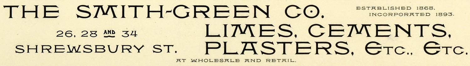 1898 Ad Worcester Smith Green Co Limes Cements Plasters Shrewsbury Street MA PV1