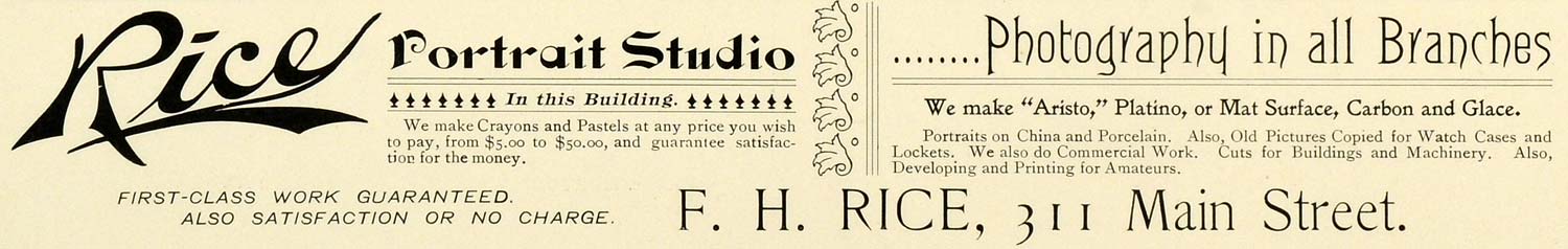 1898 Ad Massachusetts Rice Portrait Studio 311 Main Street Worcester PV1