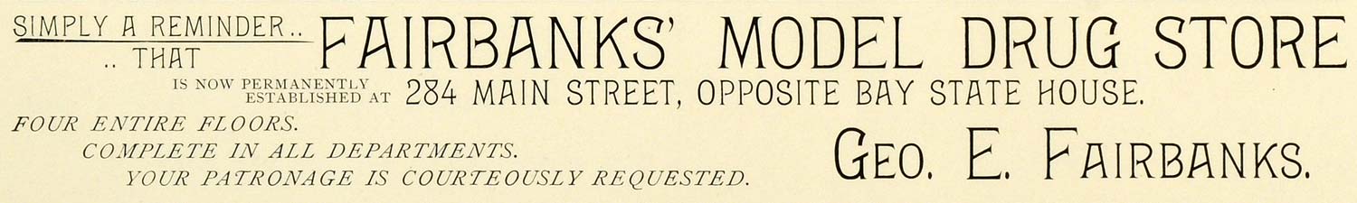 1898 Ad Fairbank's Model Drug Store Geo E Fairbanks Worcester Massachusetts PV1