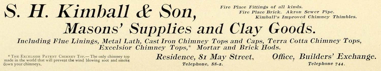 1898 Ad S H Kimball & Son Masons Supplies Clay Goods Fireplace Fitting PV1