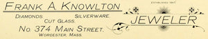 1898 Ad Frank A Knowlton Jeweler Diamonds Silverware Main Street Worcester PV1