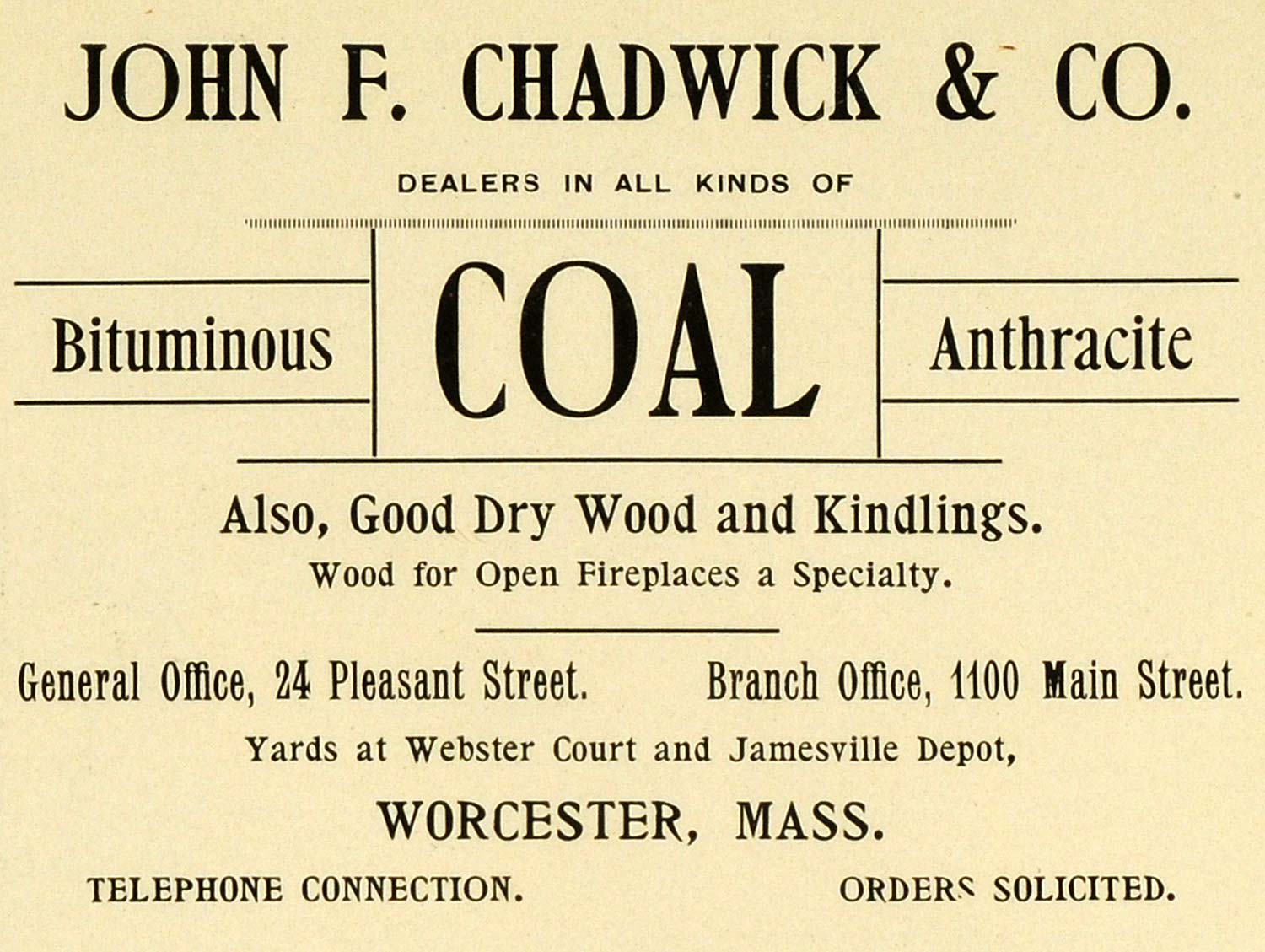 1898 Ad John Chadwick Bituminous Coal Anthracite Dry Wood Pleasant St PV1