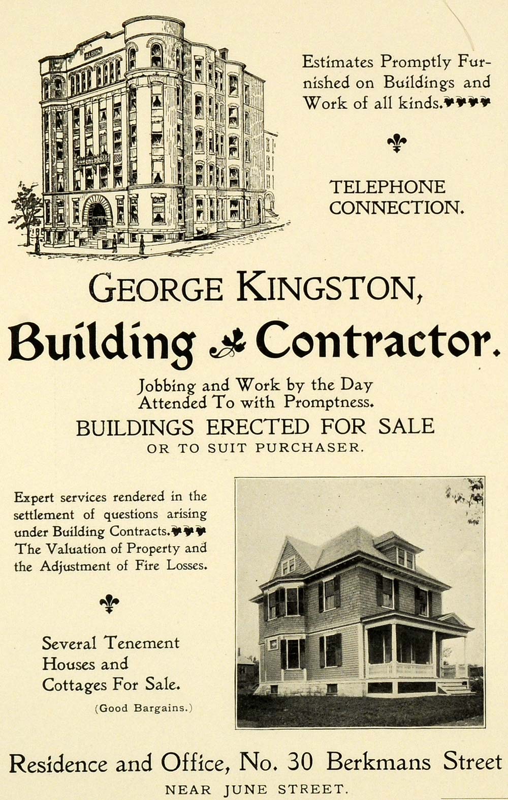 1898 Ad George Kingston Building Contractor Houses Cottage Berkmans St PV1