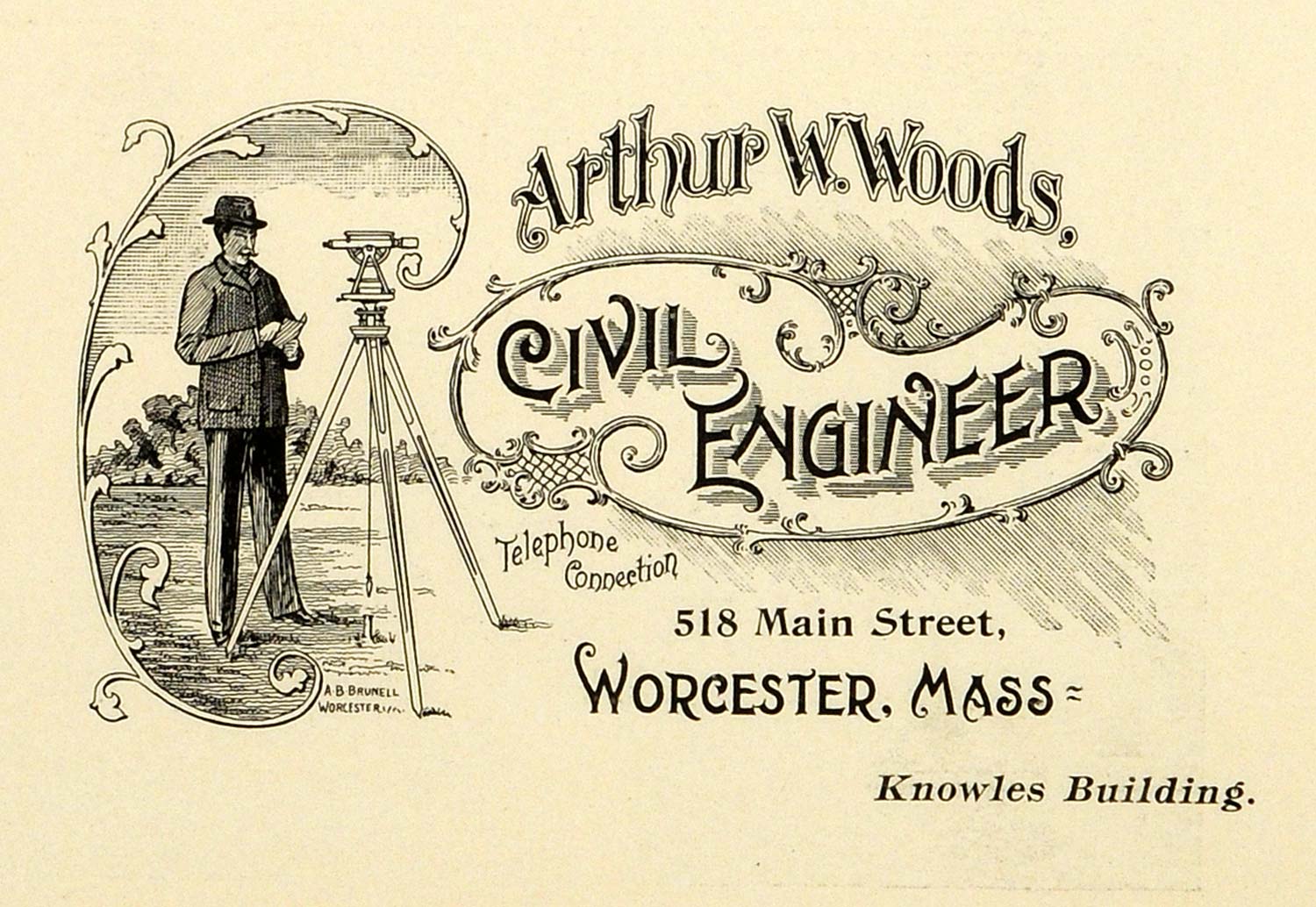 1898 Ad Arthur W Woods Civil Engineer Main Street Worcester Massachusetts PV1