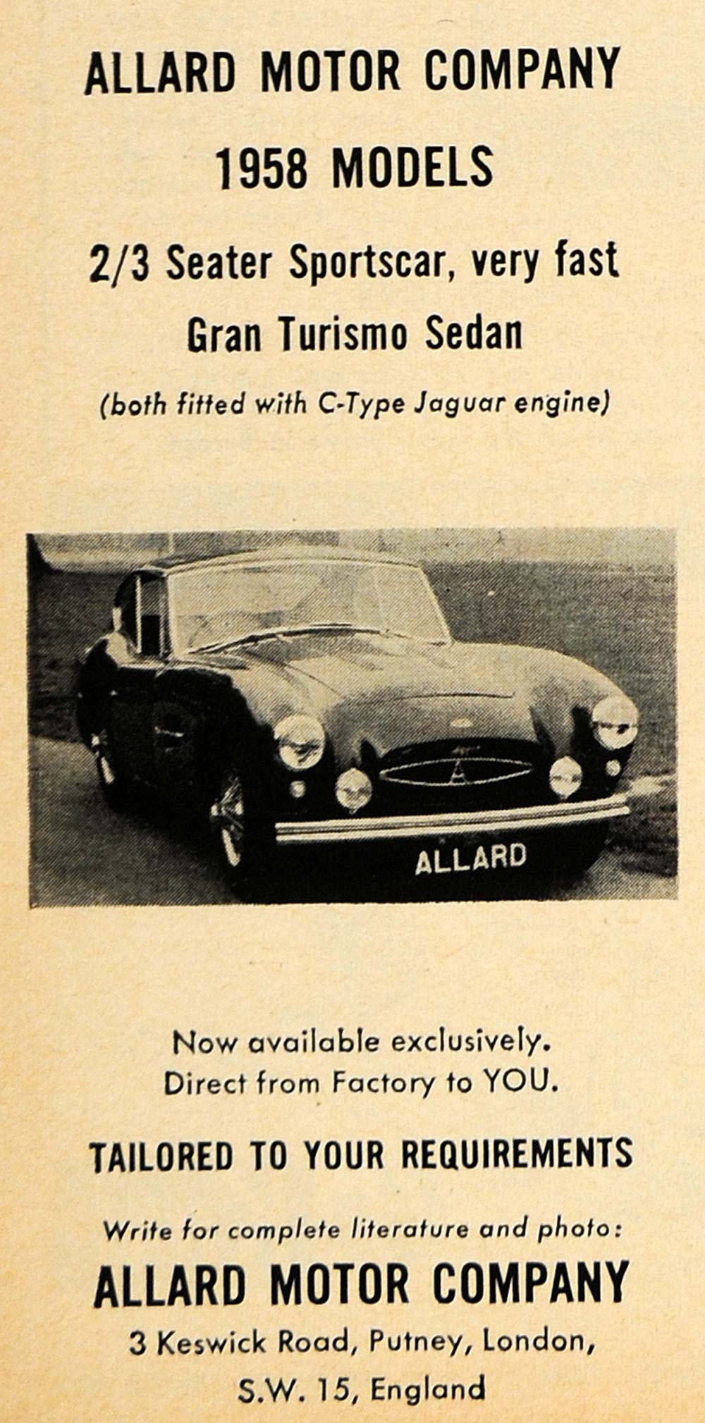 1958 Ad Allard Motor Sportscar Gran Turismo Sedan - ORIGINAL ADVERTISING RAT1
