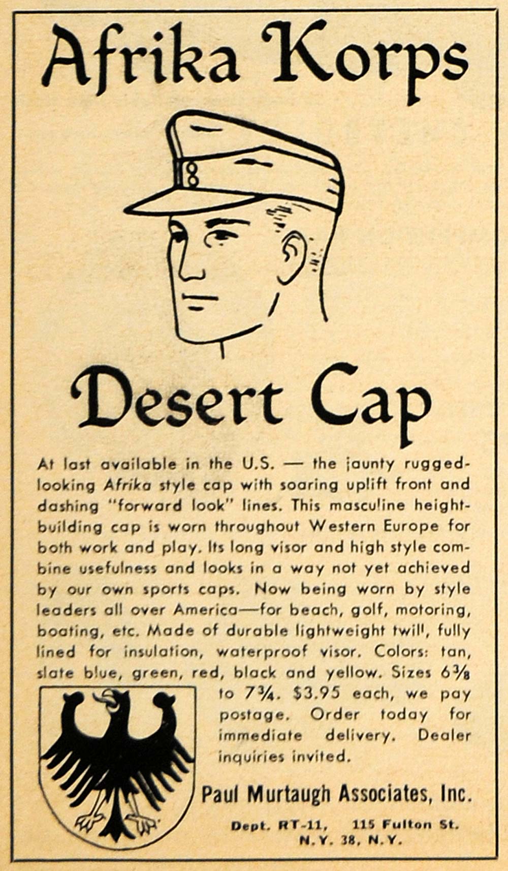 1959 Ad Paul Murtaugh Afrika Korps Desert Hat Motoring - ORIGINAL RAT1