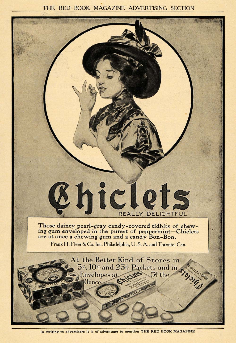 1908 Ad Chiclets Fashionable Girl Hat Chewing Gum Kraft - ORIGINAL RB1 - Period Paper
