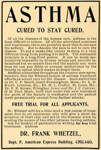 1905 Ad Asthma Treatment Disease Frank Whetzel System - ORIGINAL ADVERTISING RB1
