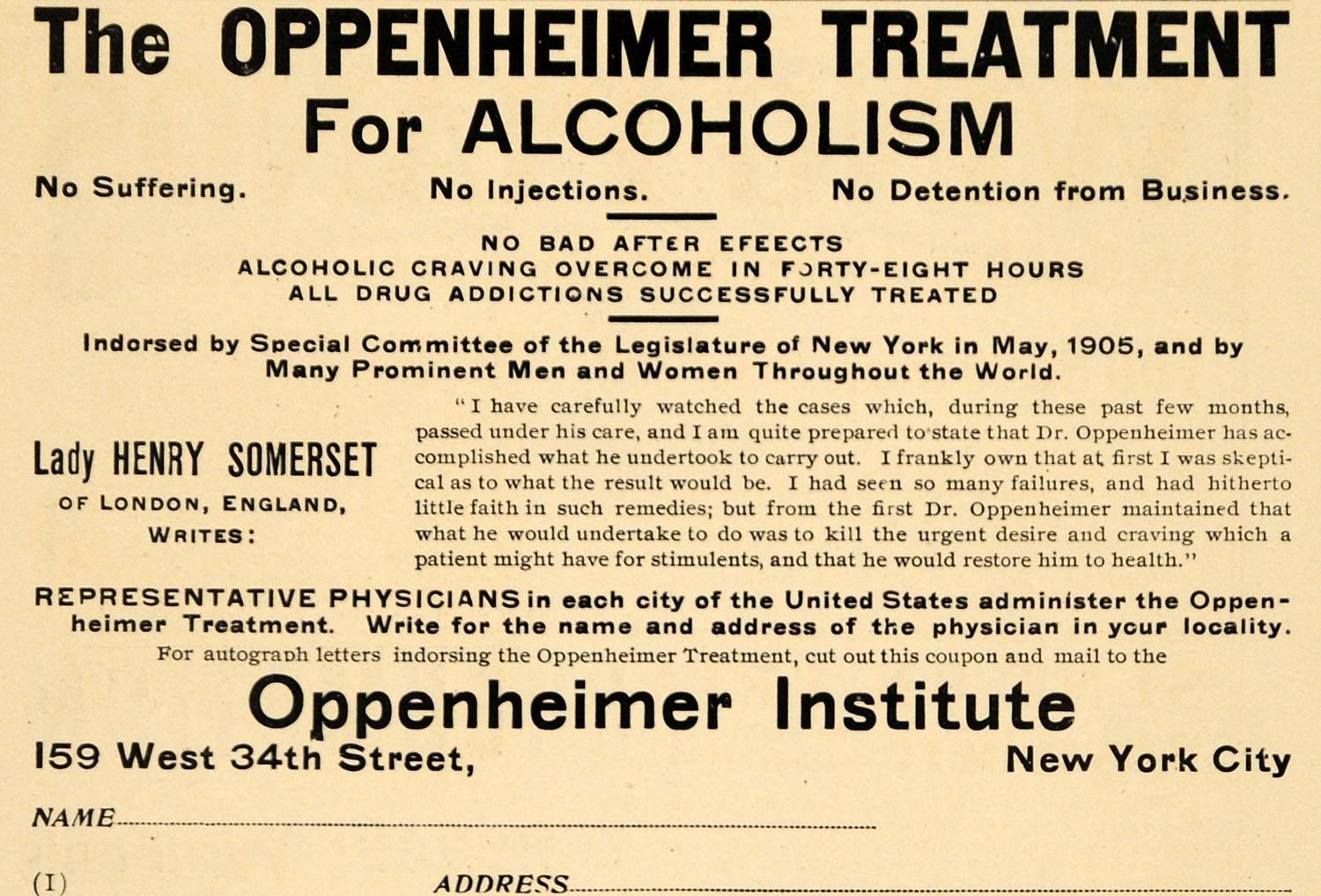 1905 Ad Oppenheimer Institute NYC Treatment Alcoholism - ORIGINAL RB1