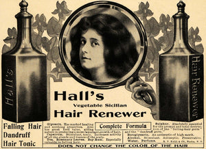 1908 Ad Halls Vegetable Sicilian Hair Renewer Tonic - ORIGINAL ADVERTISING RB1