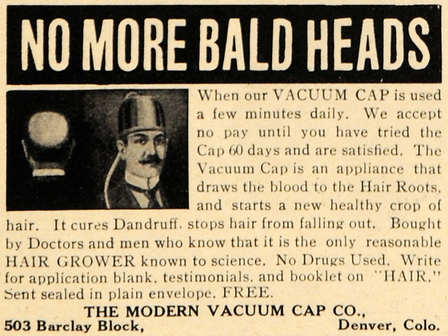 1908 Ad Bald Head Modern Vacuum Cap Company Hair Roots - ORIGINAL RB1