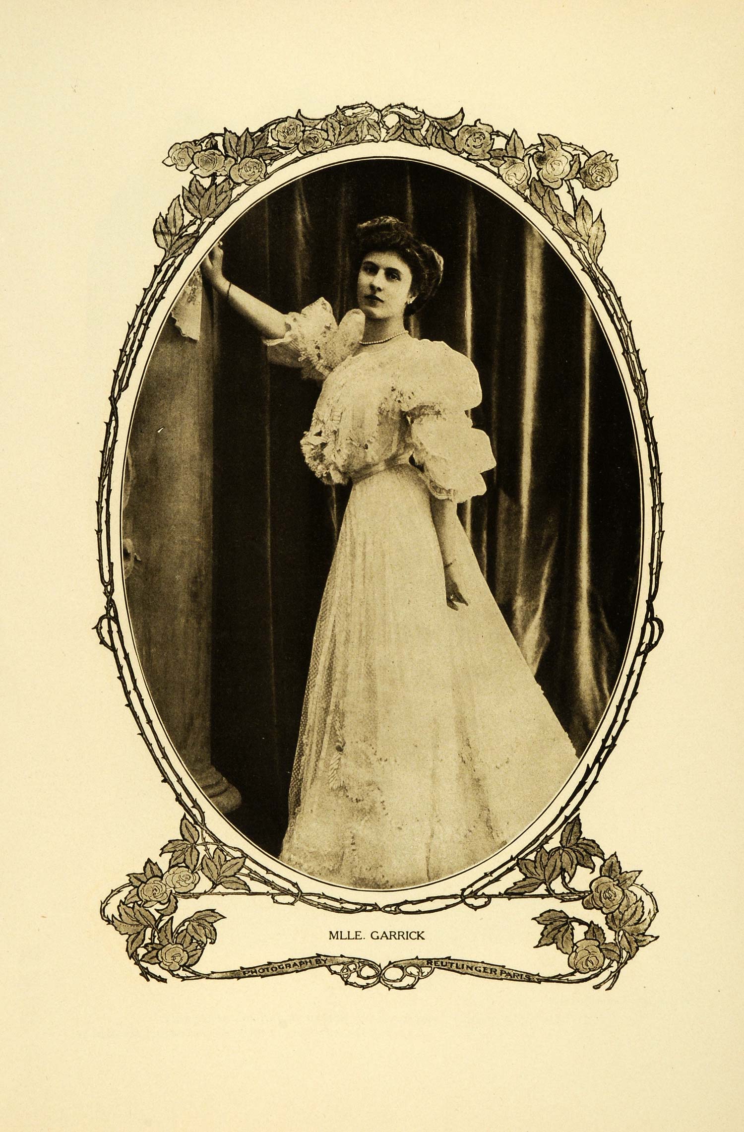 1905 Print Mademoiselle Garrick Edwardian Dress Fashion Art Nouveau Border RB1