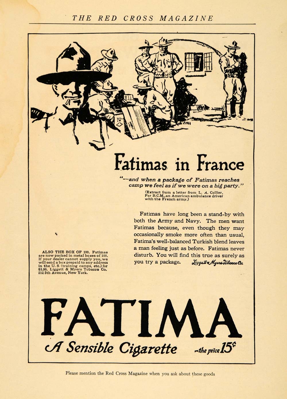 1918 Ad Fatima Cigarettes WWI French Army Navy Collier - ORIGINAL RCM1