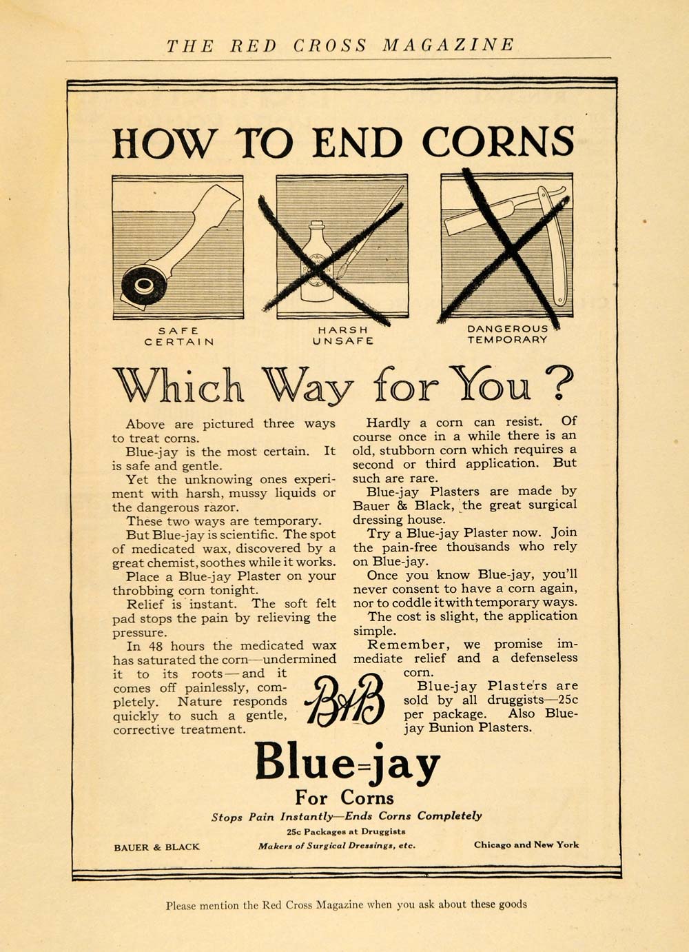 1918 Ad Blue Jay Corn Cure Plaster on Feet Bauer Black - ORIGINAL RCM1